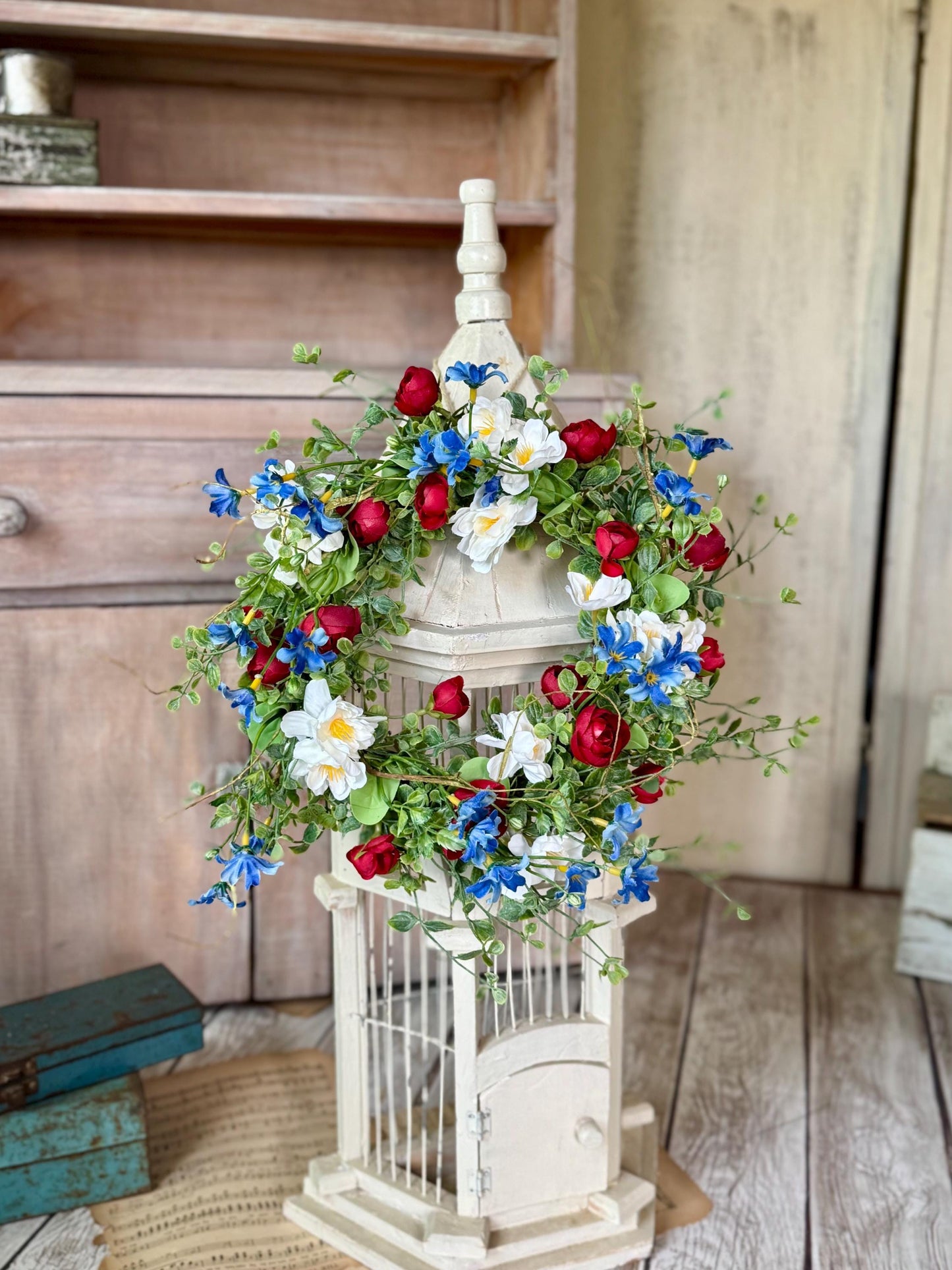 Red White Blue Flower Candle Wreath, Patriotic Decor, Memorial Day Decor, 4th of July Decorations, Independence Day Wreath, Forth of July