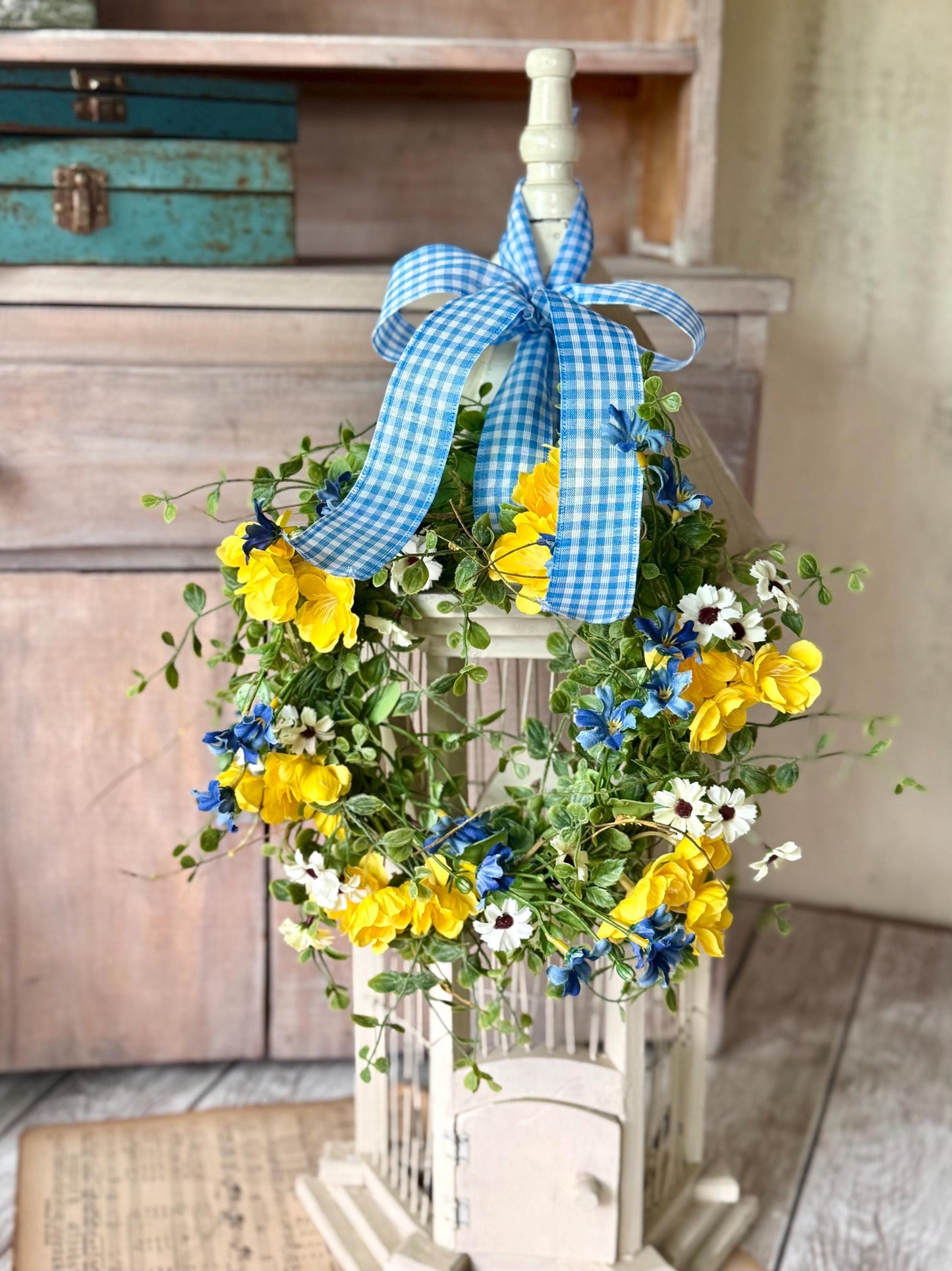 Summer Yellow Flower Candle Wreath, Yellow Blue Kitchen Cabinets, Summer Wreath, Blue Gingham Wreath, Nursing Home Decor