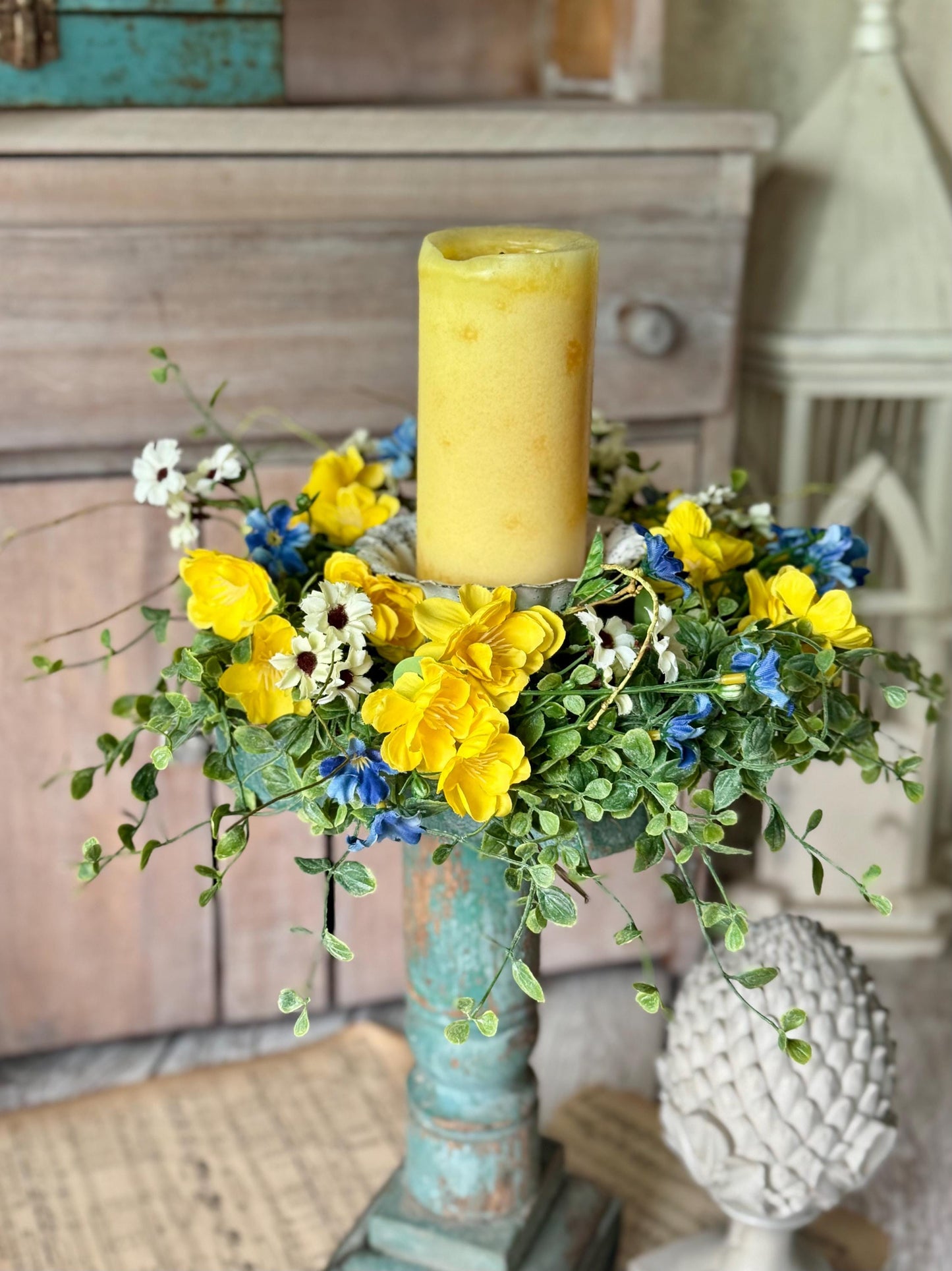 Summer Yellow Flower Candle Wreath, Yellow Blue Kitchen Cabinets, Summer Wreath, Blue Gingham Wreath, Nursing Home Decor