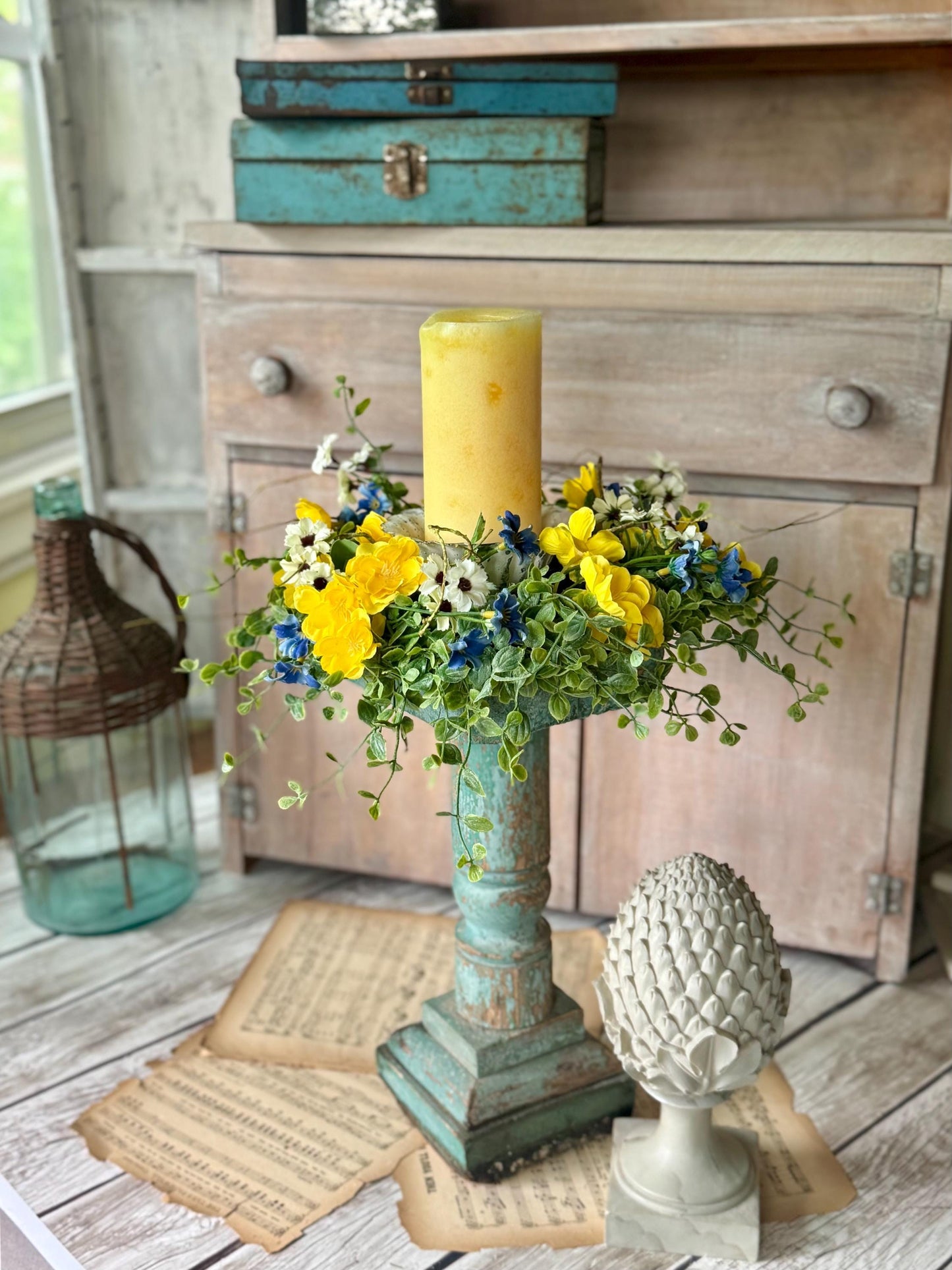 Summer Yellow Flower Candle Wreath, Yellow Blue Kitchen Cabinets, Summer Wreath, Blue Gingham Wreath, Nursing Home Decor