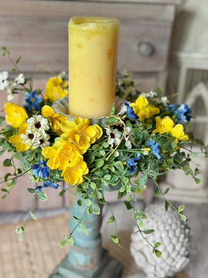 Summer Yellow Flower Candle Wreath, Yellow Blue Kitchen Cabinets, Summer Wreath, Blue Gingham Wreath, Nursing Home Decor