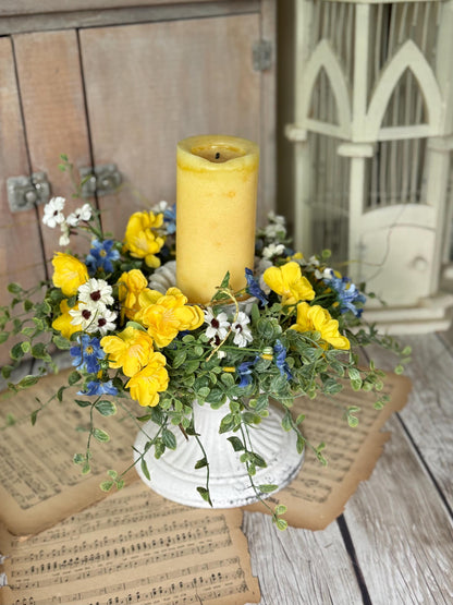 Summer Yellow Flower Candle Wreath, Yellow Blue Kitchen Cabinets, Summer Wreath, Blue Gingham Wreath, Nursing Home Decor
