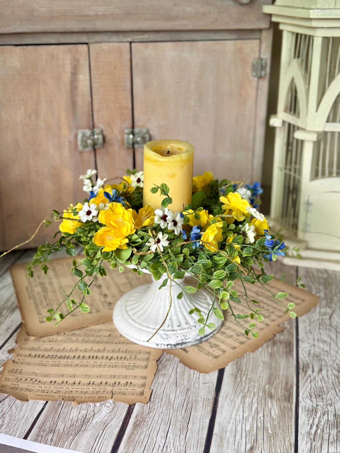 Summer Yellow Flower Candle Wreath, Yellow Blue Kitchen Cabinets, Summer Wreath, Blue Gingham Wreath, Nursing Home Decor