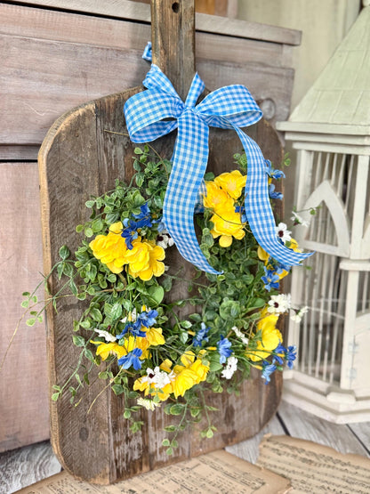Summer Yellow Flower Candle Wreath, Yellow Blue Kitchen Cabinets, Summer Wreath, Blue Gingham Wreath, Nursing Home Decor