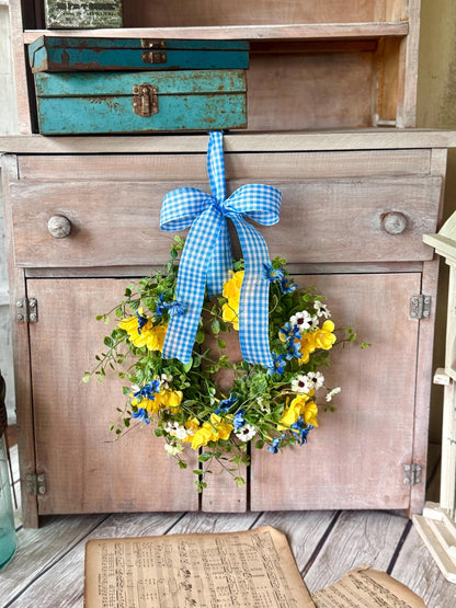 Summer Yellow Flower Candle Wreath, Yellow Blue Kitchen Cabinets, Summer Wreath, Blue Gingham Wreath, Nursing Home Decor