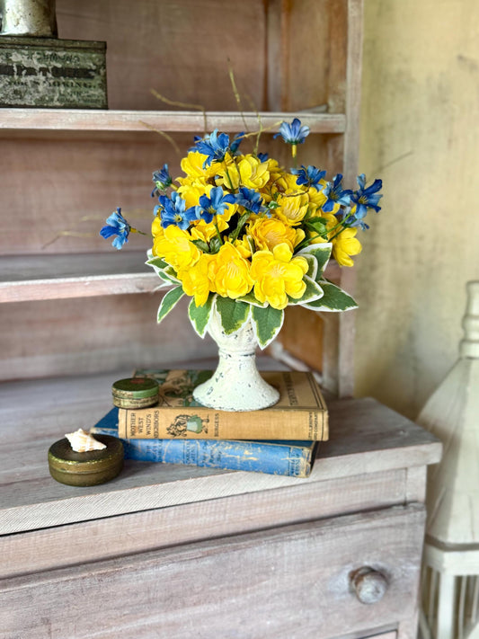 Yellow Blue Floral Arrangement, French Country, Spring Arrangement, Nursing Home Decor, Yellow Blue Kitchen Decor, Gift Arrangement