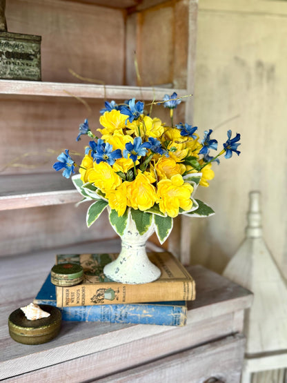 Yellow Blue Floral Arrangement, French Country, Spring Arrangement, Nursing Home Decor, Yellow Blue Kitchen Decor, Gift Arrangement
