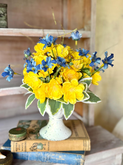Yellow Blue Floral Arrangement, French Country, Spring Arrangement, Nursing Home Decor, Yellow Blue Kitchen Decor, Gift Arrangement