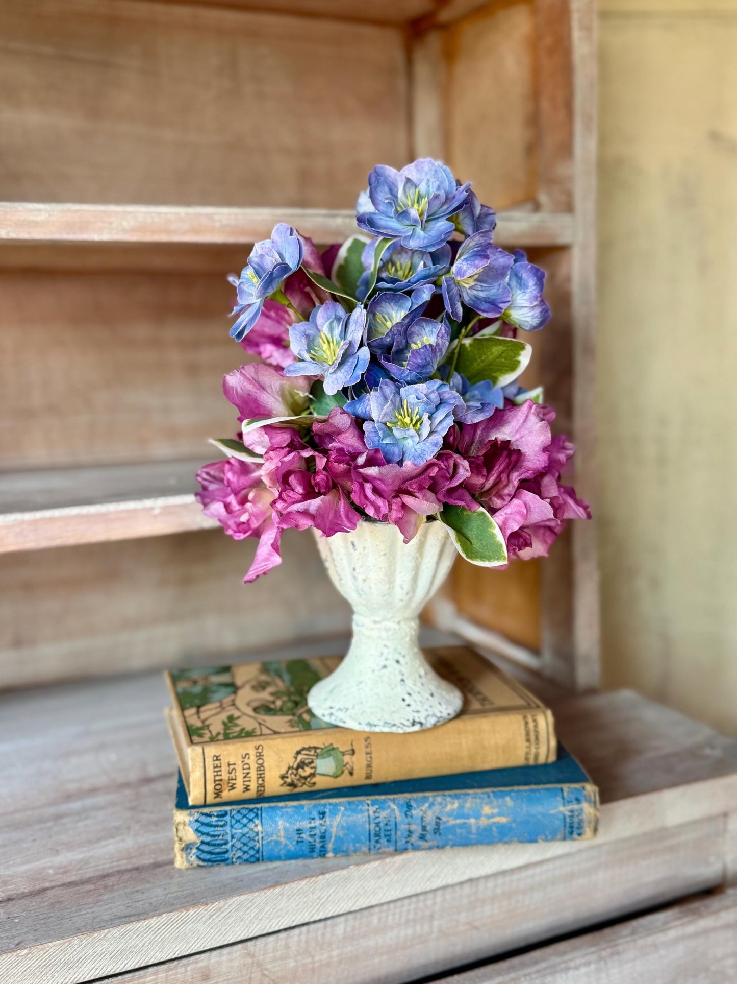 Purple Blue Arrangement, French Country Decor, Summer Arrangement, Nursing Home Decor, Summer Blue Decor, Garden Party Table, SweetPea
