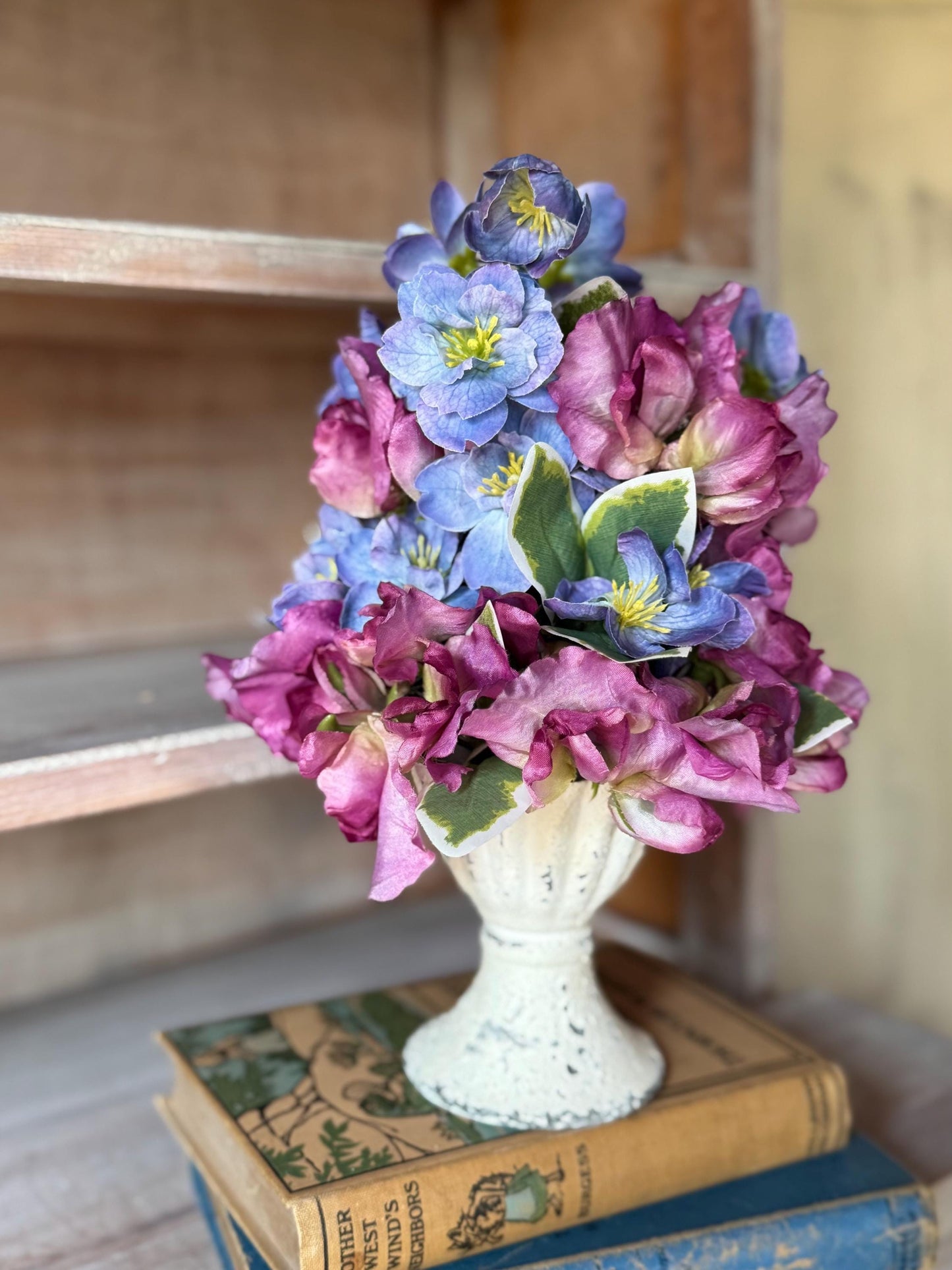 Purple Blue Arrangement, French Country Decor, Summer Arrangement, Nursing Home Decor, Summer Blue Decor, Garden Party Table, SweetPea