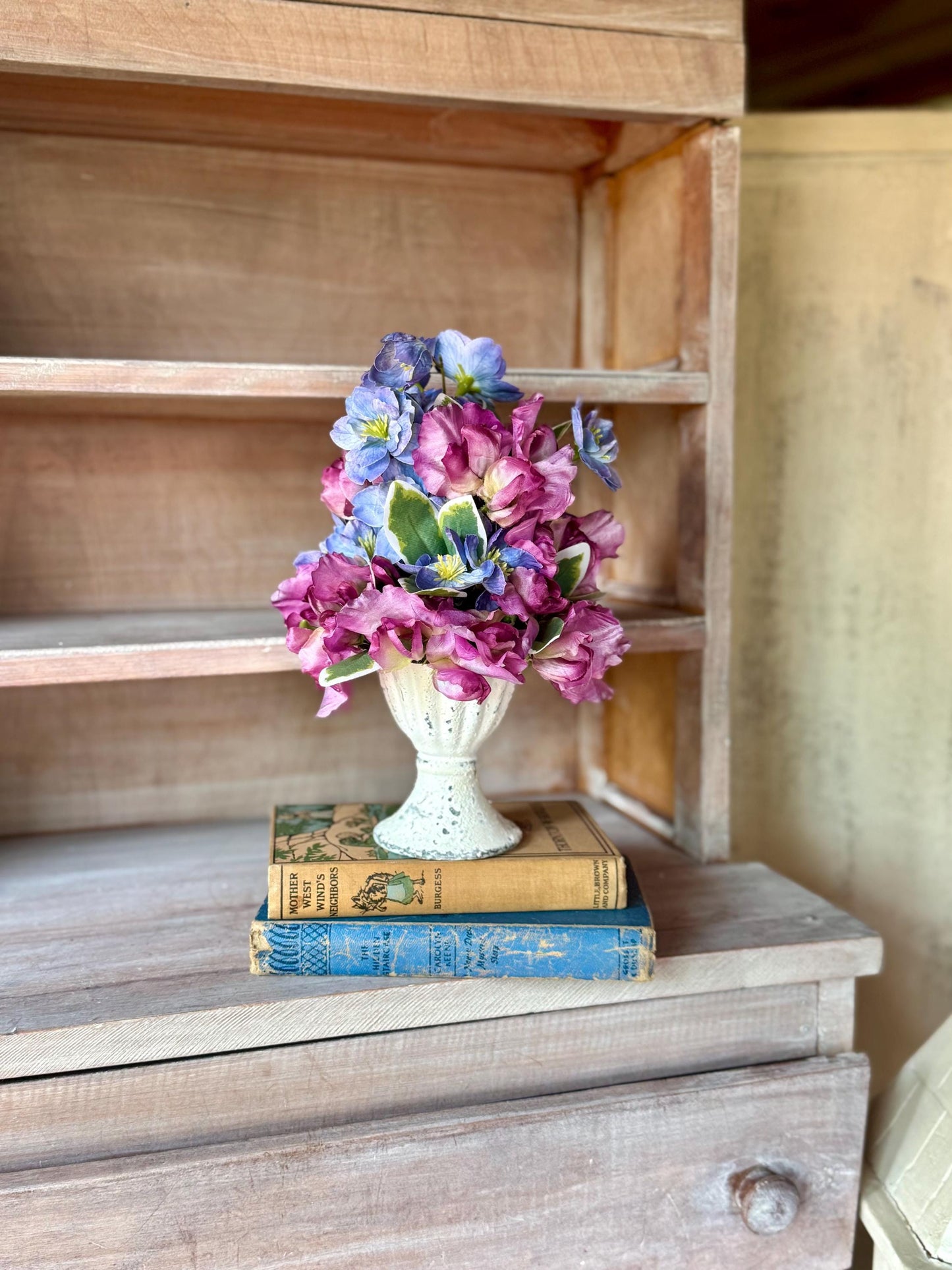 Purple Blue Arrangement, French Country Decor, Summer Arrangement, Nursing Home Decor, Summer Blue Decor, Garden Party Table, SweetPea