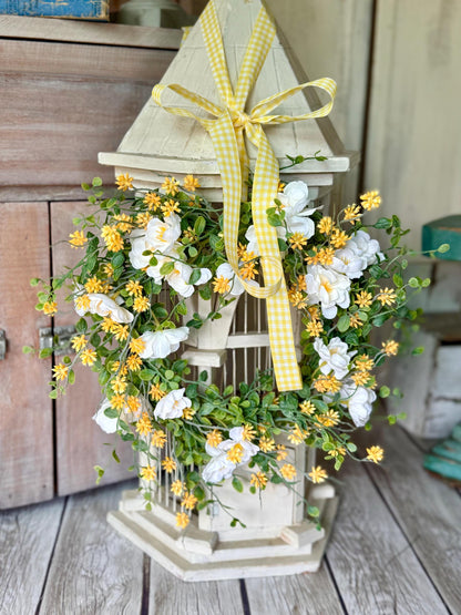 White Flower Candle Wreath, Yellow White Table Wreath, Kitchen Cabinets, Yellow Berry Wreath