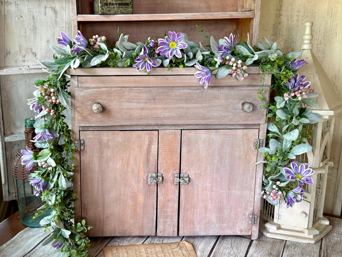 Spring Floral Garland, Purple Garland, Summer Garland for Fireplace, Mantle Garland Decor, Valentines Day Decorations, Mothers Day
