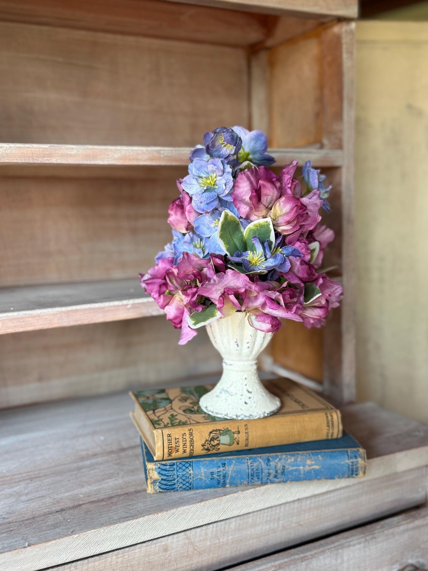 Purple Blue Arrangement, French Country Decor, Summer Arrangement, Nursing Home Decor, Summer Blue Decor, Garden Party Table, SweetPea