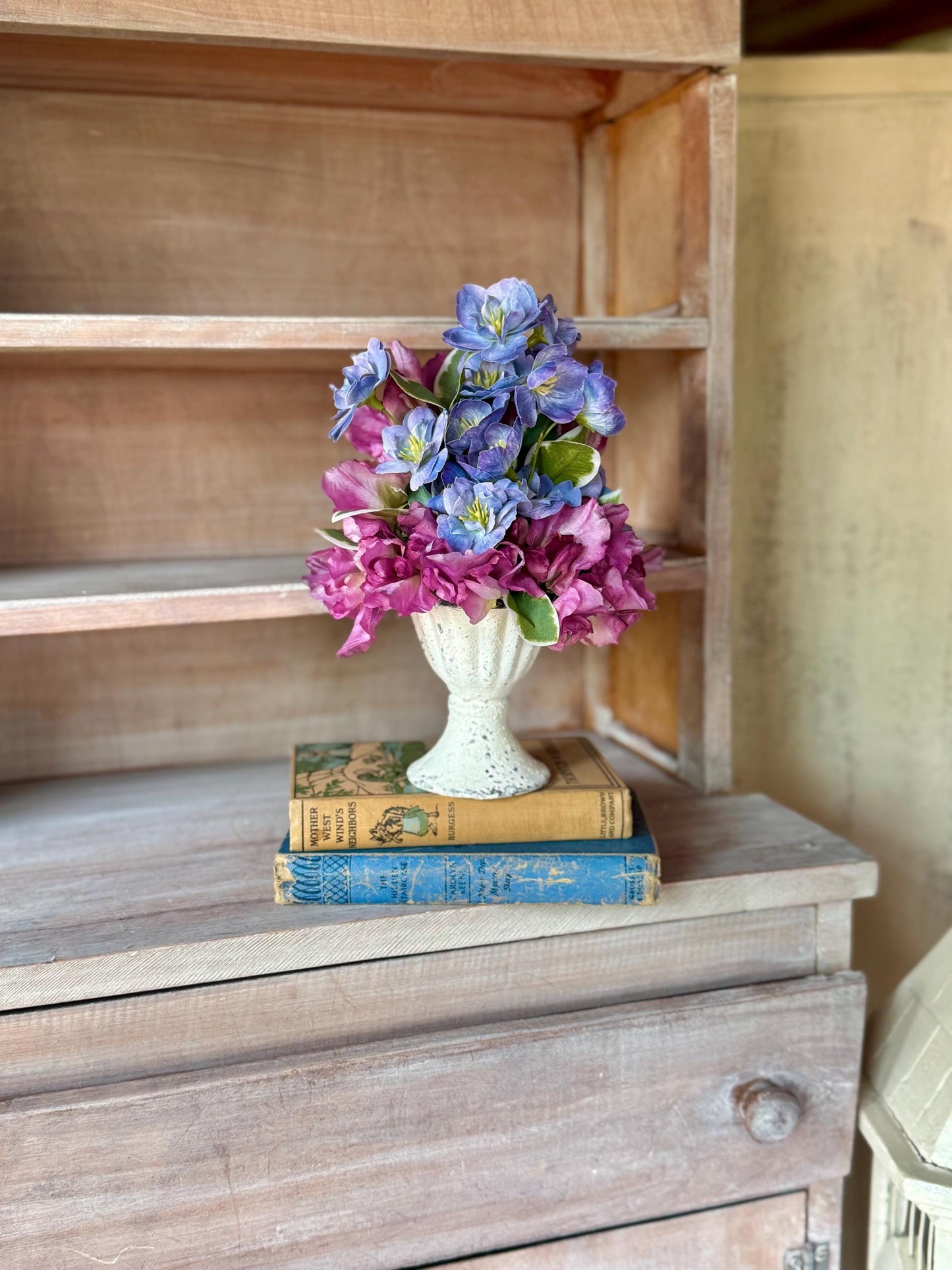 Purple Blue Arrangement, French Country Decor, Summer Arrangement, Nursing Home Decor, Summer Blue Decor, Garden Party Table, SweetPea