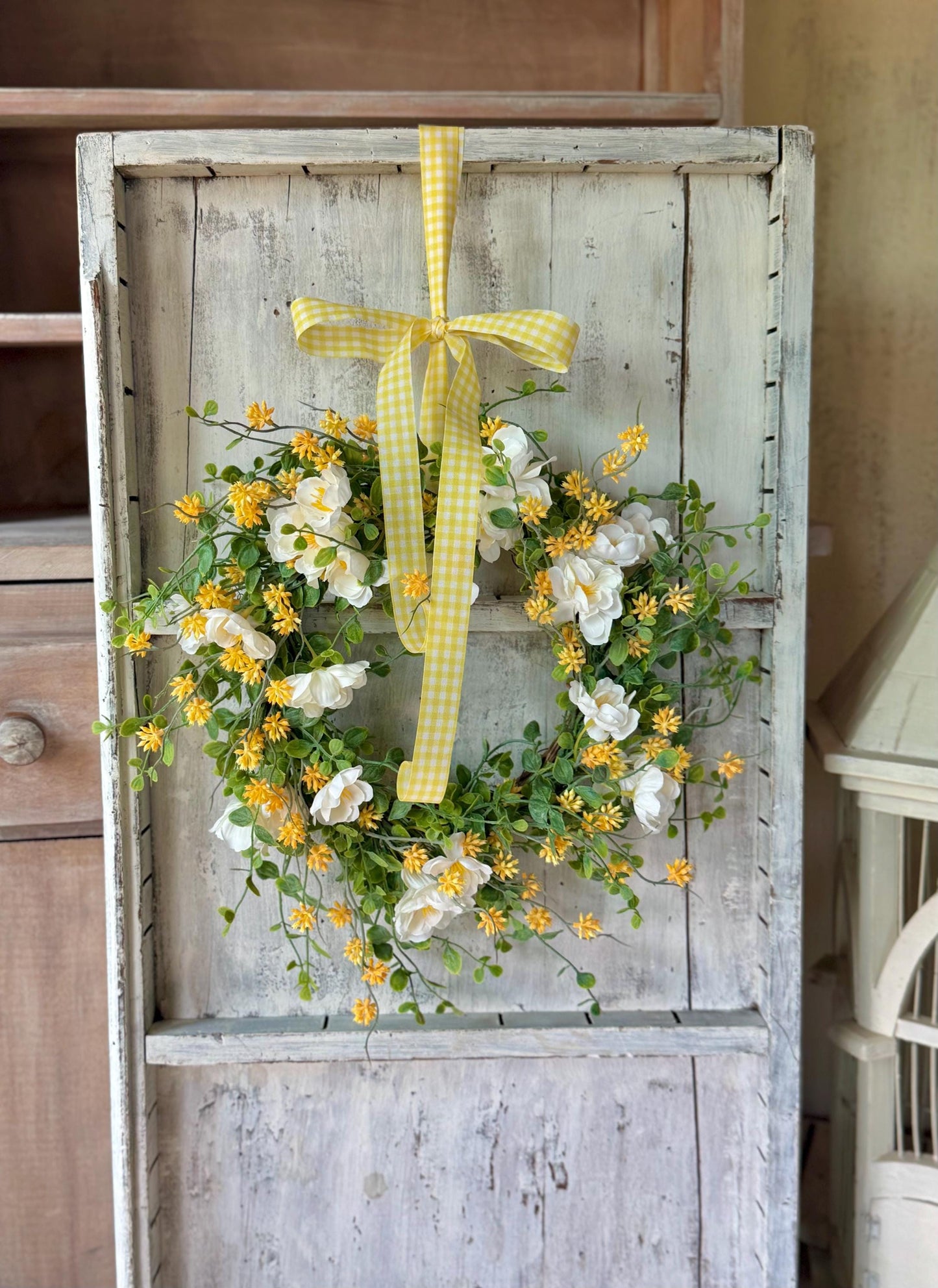 White Flower Candle Wreath, Yellow White Table Wreath, Kitchen Cabinets, Yellow Berry Wreath