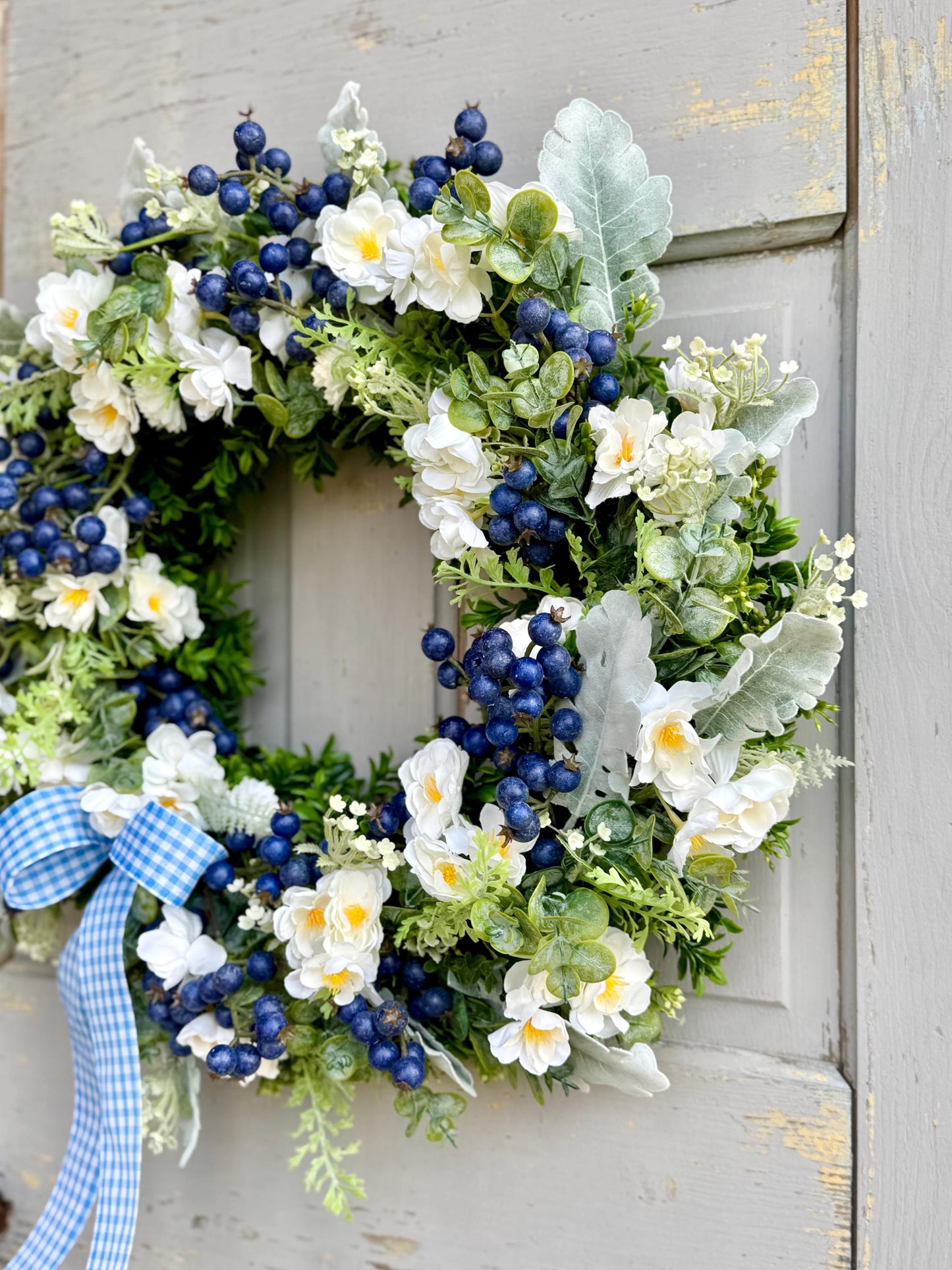 Summer Wreath for a Front Door, Blueberry Wreath, Porch Wreath, Farmhouse Decorations, Wildflower Wedding Decor, Blue and White Decor