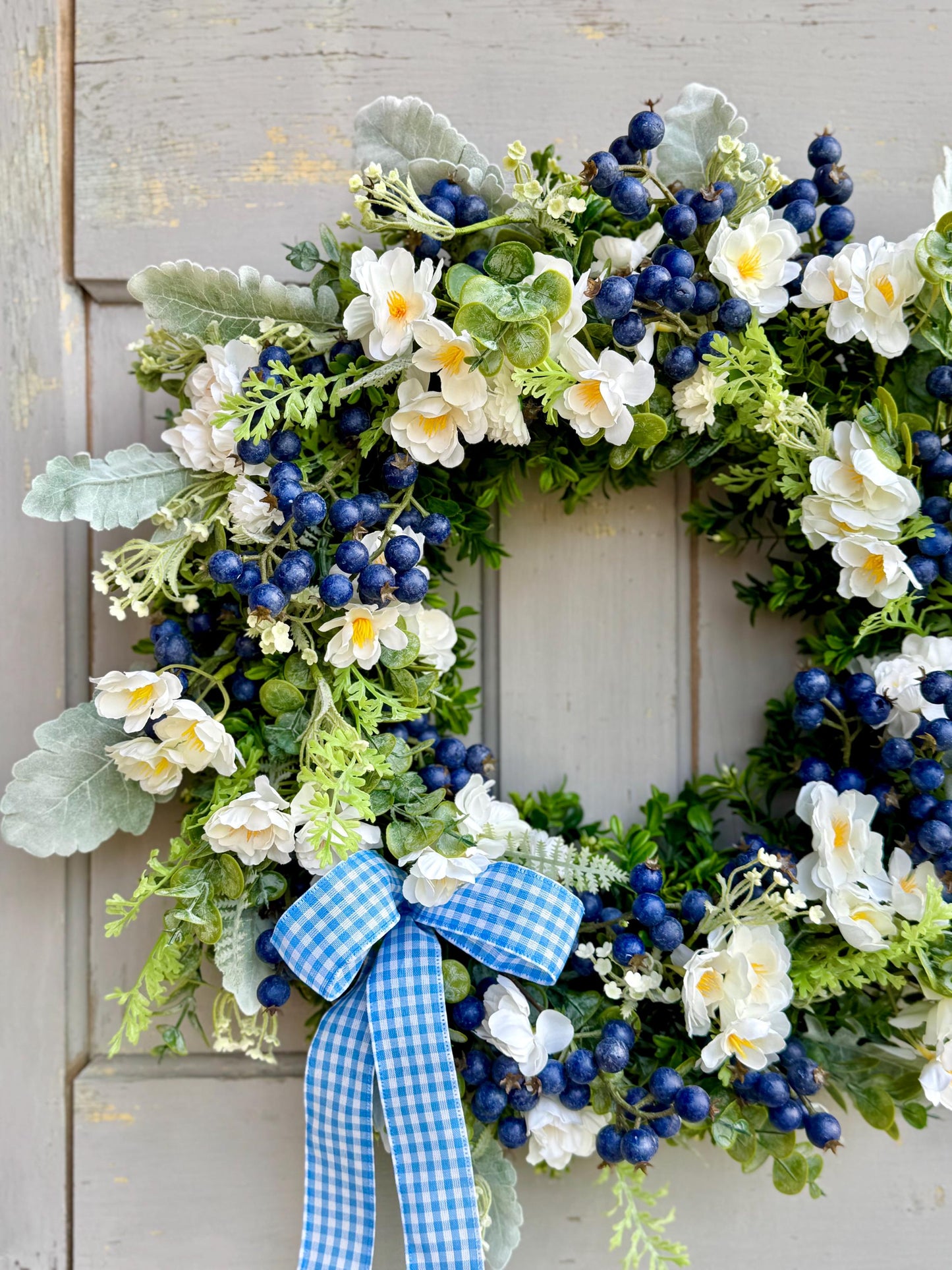 Summer Wreath for a Front Door, Blueberry Wreath, Porch Wreath, Farmhouse Decorations, Wildflower Wedding Decor, Blue and White Decor