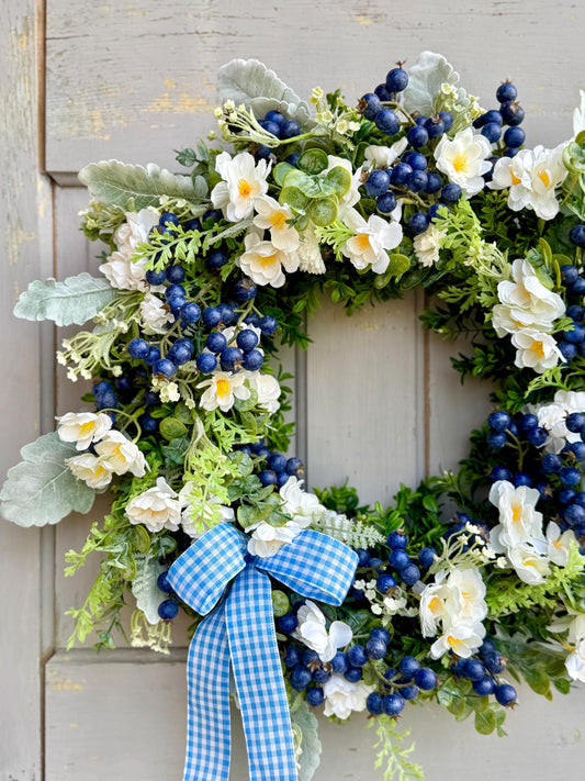Summer Wreath for a Front Door, Blueberry Wreath, Porch Wreath, Farmhouse Decorations, Wildflower Wedding Decor, Blue and White Decor