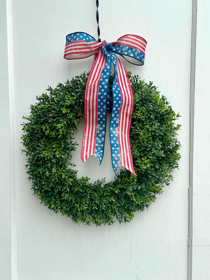 Patriotic Boxwood Wreath, Fourth of July Boxwood Wreath, Independence Day Wreath, Red White Blue Decor, Americana Wreath