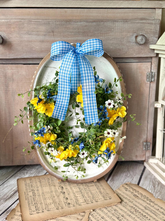 Summer Yellow Flower Candle Wreath, Yellow Blue Kitchen Cabinets, Summer Wreath, Blue Gingham Wreath, Nursing Home Decor