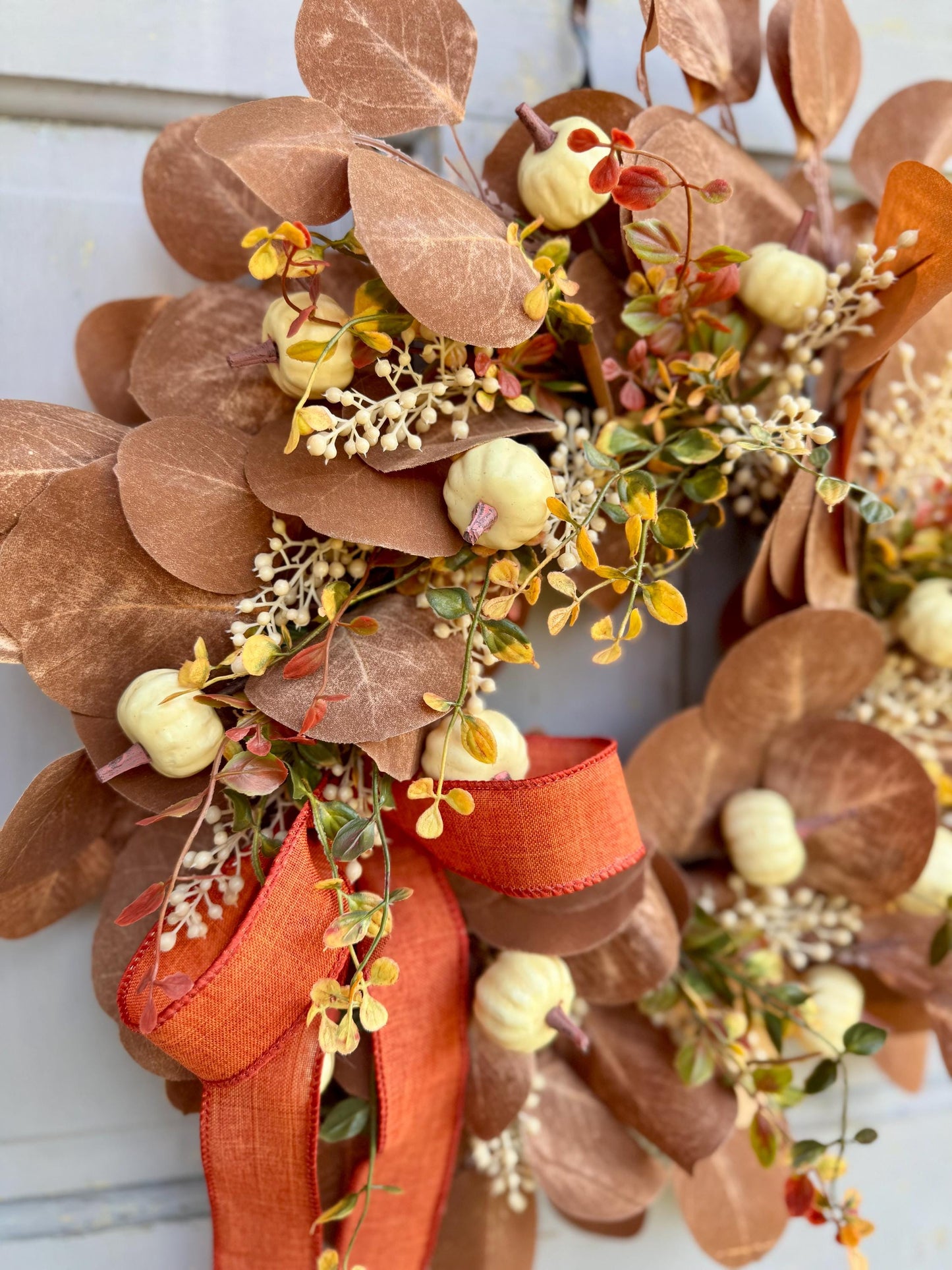 NEW 2025! Fall Boho Beige Wreath, Fall White Pumpkin Wreath, Tan Boho Decor, Brown Pumpkin Wreath, Beige Eucalyptus Wreath
