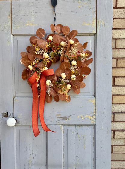 NEW 2025! Fall Boho Beige Wreath, Fall White Pumpkin Wreath, Tan Boho Decor, Brown Pumpkin Wreath, Beige Eucalyptus Wreath