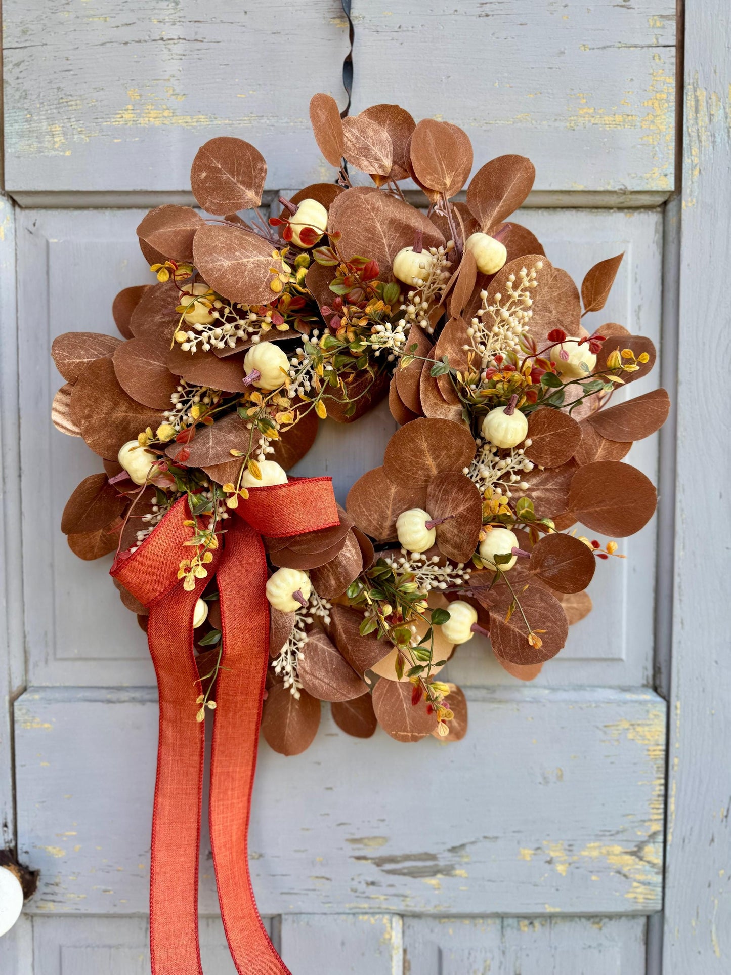 NEW 2025! Fall Boho Beige Wreath, Fall White Pumpkin Wreath, Tan Boho Decor, Brown Pumpkin Wreath, Beige Eucalyptus Wreath