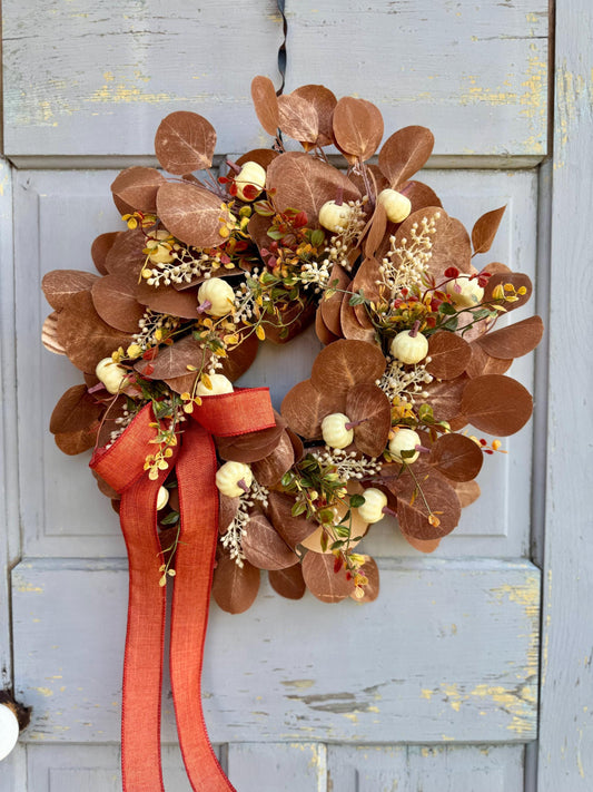 NEW 2025! Fall Boho Beige Wreath, Fall White Pumpkin Wreath, Tan Boho Decor, Brown Pumpkin Wreath, Beige Eucalyptus Wreath