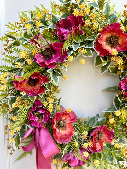 20" Summer Wreath for Front Door, Pink Poppy Wreath, Wreath with Poppies, Orange Poppy Wreath, Pink Wildflower Wreath