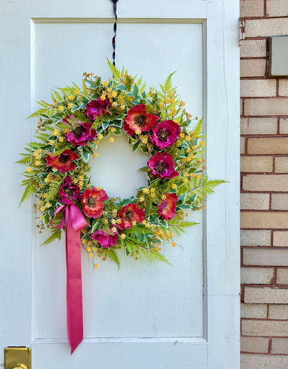 20" Summer Wreath for Front Door, Pink Poppy Wreath, Wreath with Poppies, Orange Poppy Wreath, Pink Wildflower Wreath