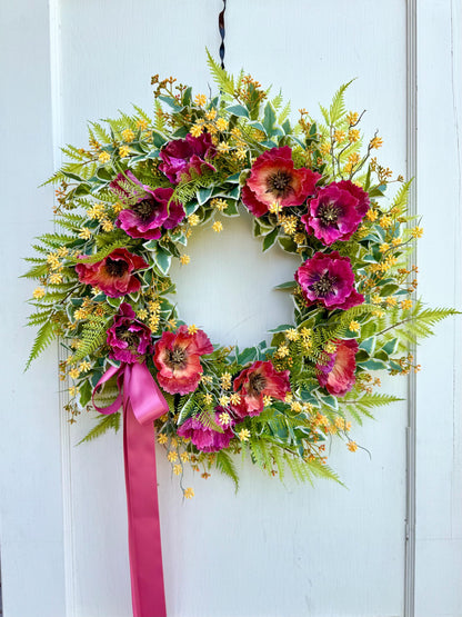 20" Summer Wreath for Front Door, Pink Poppy Wreath, Wreath with Poppies, Orange Poppy Wreath, Pink Wildflower Wreath