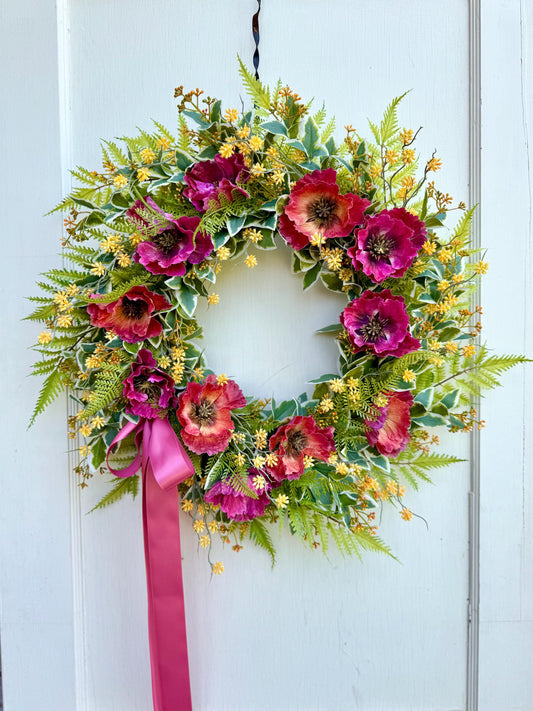 20" Summer Wreath for Front Door, Pink Poppy Wreath, Wreath with Poppies, Orange Poppy Wreath, Pink Wildflower Wreath