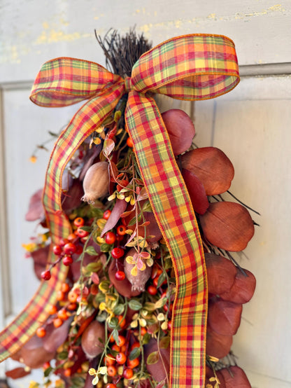 Fall Door Swag, Fall Eucalyptus Swag, Fall Pumpkin Berry Swag, Thanksgiving Harvest Decorations, Rustic Fall Teardrop Swag Wreath