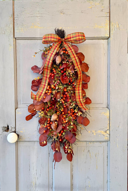 Fall Door Swag, Fall Eucalyptus Swag, Fall Pumpkin Berry Swag, Thanksgiving Harvest Decorations, Rustic Fall Teardrop Swag Wreath