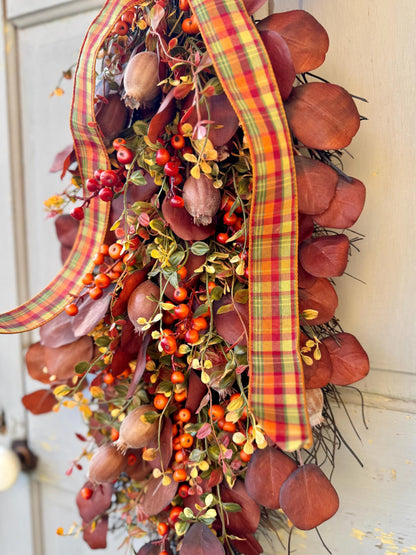 Fall Door Swag, Fall Eucalyptus Swag, Fall Pumpkin Berry Swag, Thanksgiving Harvest Decorations, Rustic Fall Teardrop Swag Wreath
