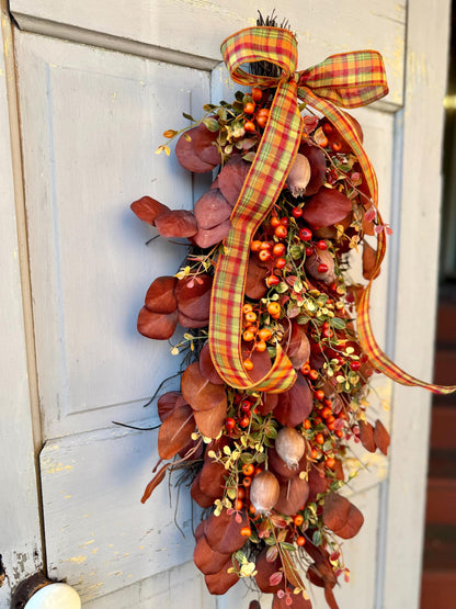 Fall Door Swag, Fall Eucalyptus Swag, Fall Pumpkin Berry Swag, Thanksgiving Harvest Decorations, Rustic Fall Teardrop Swag Wreath