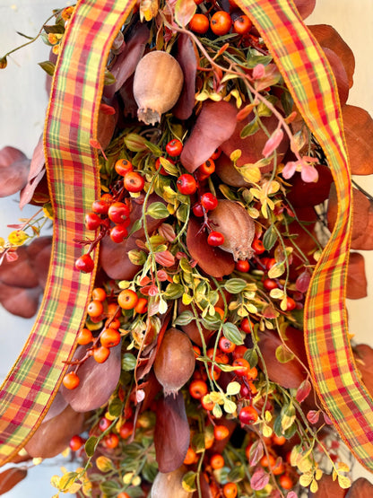 Fall Door Swag, Fall Eucalyptus Swag, Fall Pumpkin Berry Swag, Thanksgiving Harvest Decorations, Rustic Fall Teardrop Swag Wreath