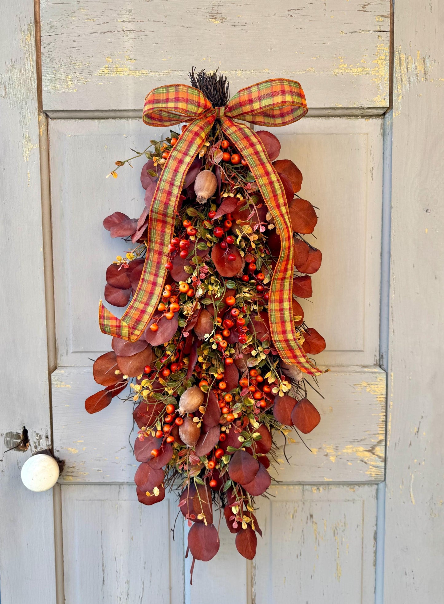Fall Door Swag, Fall Eucalyptus Swag, Fall Pumpkin Berry Swag, Thanksgiving Harvest Decorations, Rustic Fall Teardrop Swag Wreath