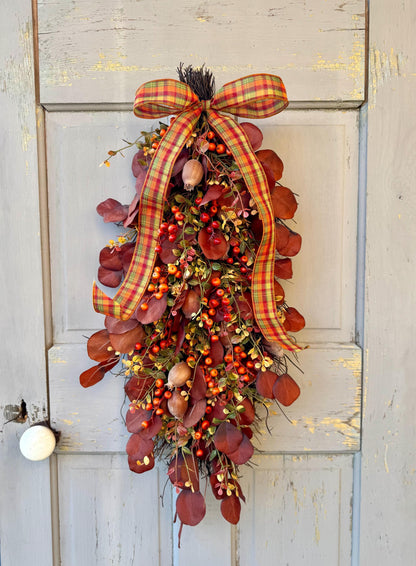Fall Door Swag, Fall Eucalyptus Swag, Fall Pumpkin Berry Swag, Thanksgiving Harvest Decorations, Rustic Fall Teardrop Swag Wreath