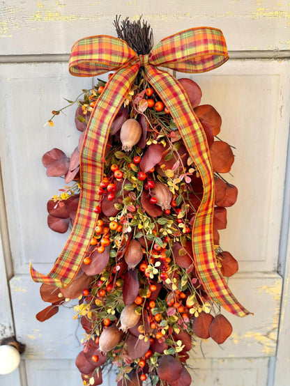 Fall Door Swag, Fall Eucalyptus Swag, Fall Pumpkin Berry Swag, Thanksgiving Harvest Decorations, Rustic Fall Teardrop Swag Wreath