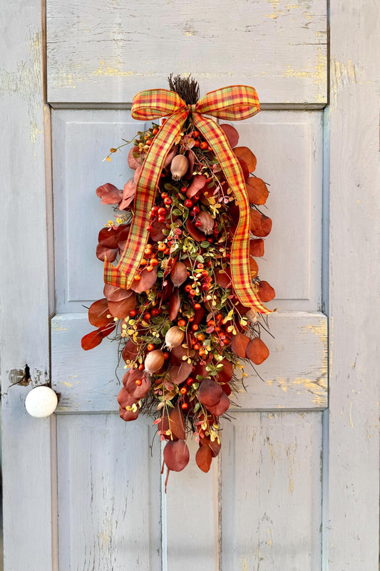 Fall Door Swag, Fall Eucalyptus Swag, Fall Pumpkin Berry Swag, Thanksgiving Harvest Decorations, Rustic Fall Teardrop Swag Wreath