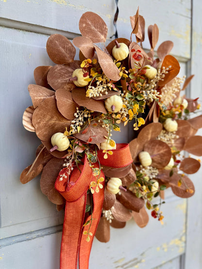 NEW 2025! Fall Boho Beige Wreath, Fall White Pumpkin Wreath, Tan Boho Decor, Brown Pumpkin Wreath, Beige Eucalyptus Wreath