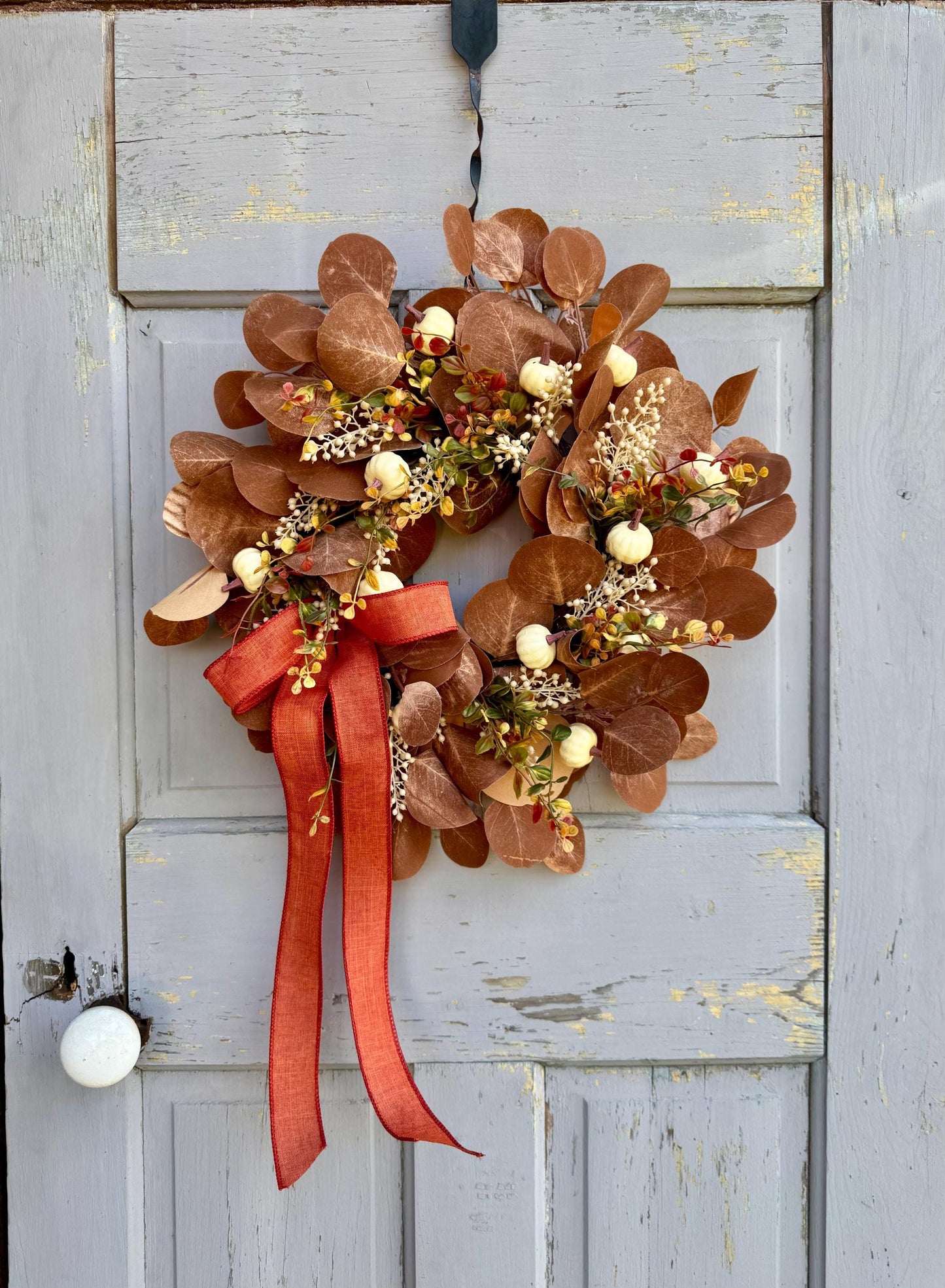 NEW 2025! Fall Boho Beige Wreath, Fall White Pumpkin Wreath, Tan Boho Decor, Brown Pumpkin Wreath, Beige Eucalyptus Wreath