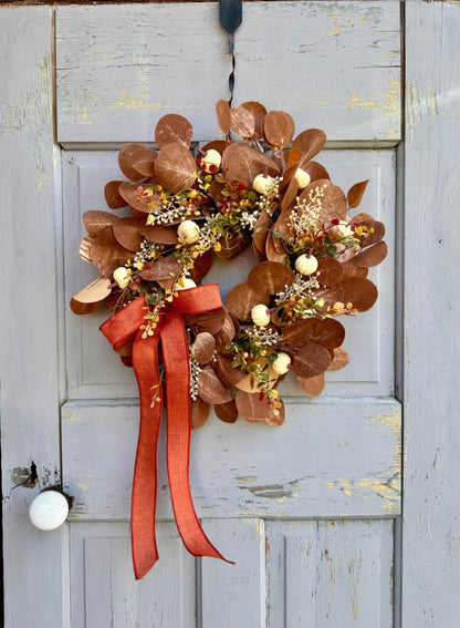 NEW 2025! Fall Boho Beige Wreath, Fall White Pumpkin Wreath, Tan Boho Decor, Brown Pumpkin Wreath, Beige Eucalyptus Wreath