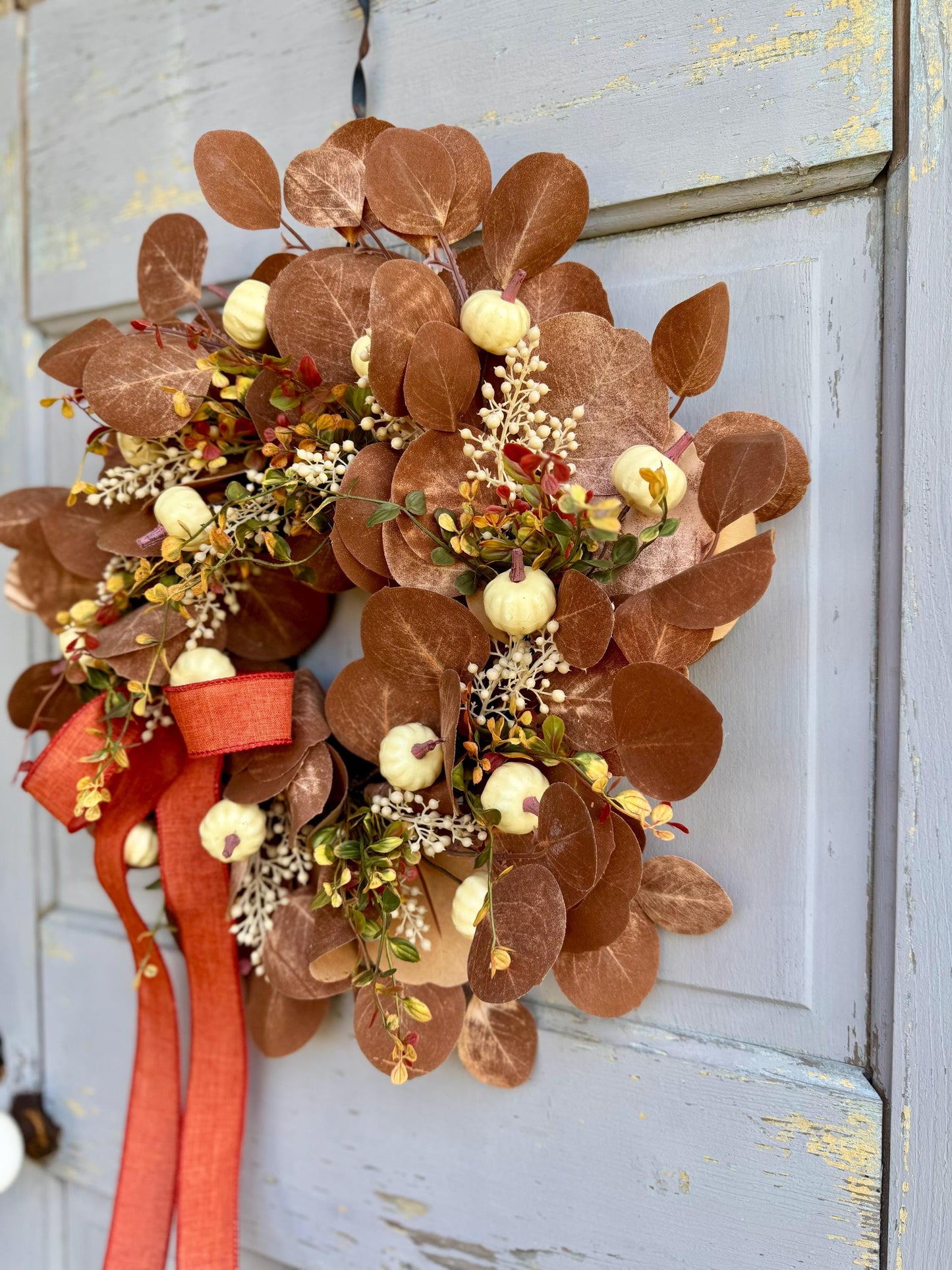 NEW 2025! Fall Boho Beige Wreath, Fall White Pumpkin Wreath, Tan Boho Decor, Brown Pumpkin Wreath, Beige Eucalyptus Wreath