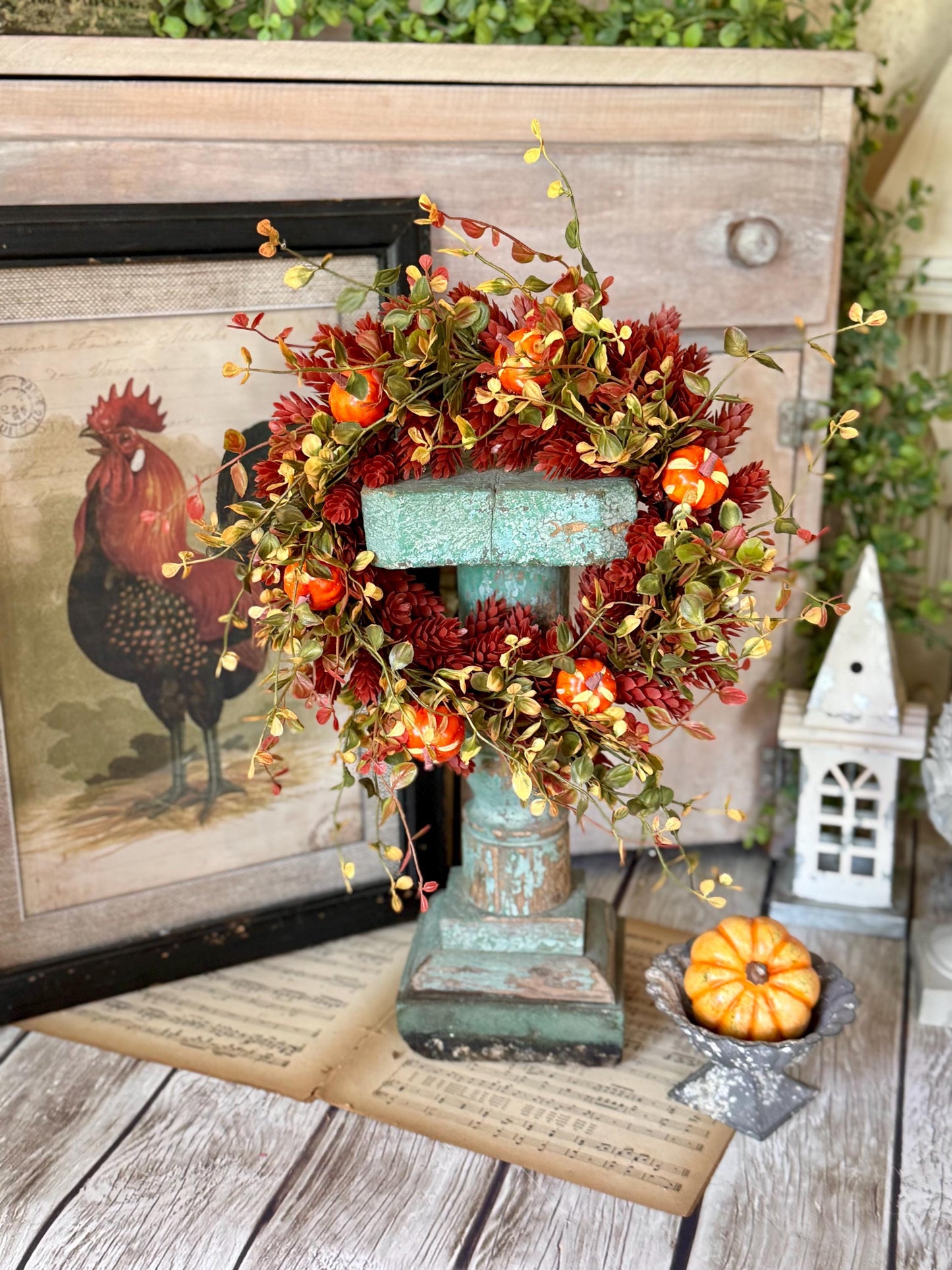 Fall Hops Candle Wreath, Mini Pumpkin Wreath, Farmhouse Accent, Harvest Decor, Candle Ring, Thanksgiving Table