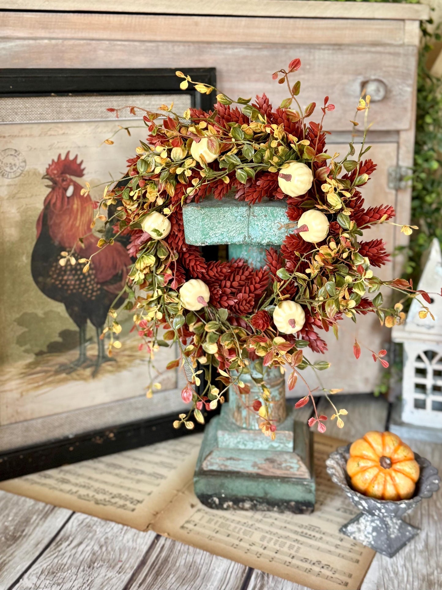Fall Hops Candle Wreath, Mini Pumpkin Wreath, Farmhouse Accent, Harvest Decor, Candle Ring, Thanksgiving Table