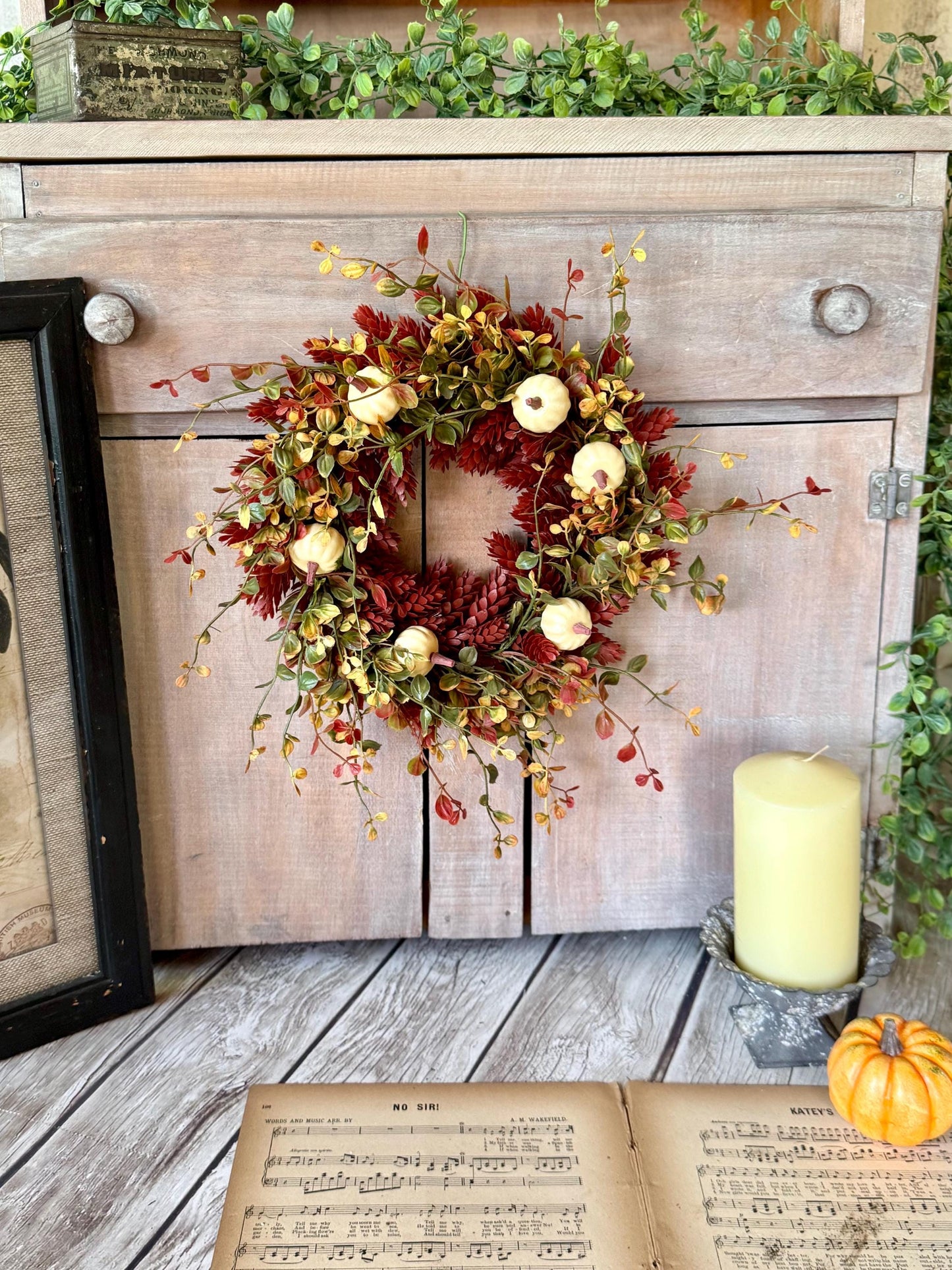 Fall Hops Candle Wreath, Mini Pumpkin Wreath, Farmhouse Accent, Harvest Decor, Candle Ring, Thanksgiving Table