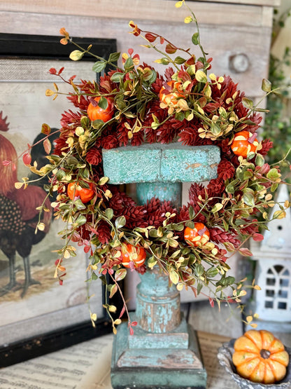 Fall Hops Candle Wreath, Mini Pumpkin Wreath, Farmhouse Accent, Harvest Decor, Candle Ring, Thanksgiving Table